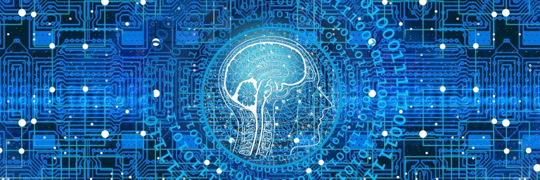 the image is intended to offer a visual representation of machine learning by showing a depiction of an outline of a human and it's brain with zeros and ones in and around it to represent coding with a blue motherboard background